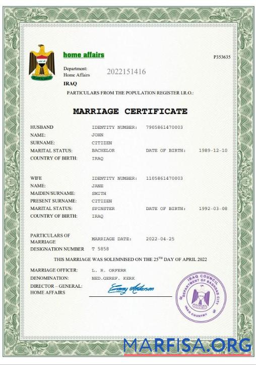 Realistic Iraq marriage certificate Word and PDF template